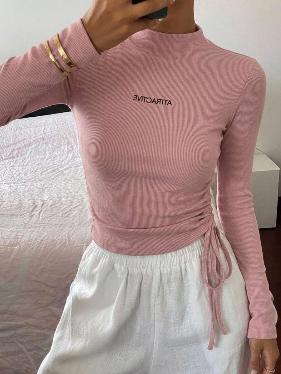 DAZY Letter Graphic Drawstring Side Mock Neck Tee,Fall Clothes Long Sleeve Women Tops - Pink - View 1