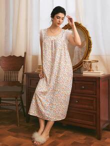 Côtesoire French Elegant Romantic Pastoral Ditsy Floral Mesh Ruffle Trim Patchwork Loose Comfortable Woven Women's Nightgown - Multicolor - View 3