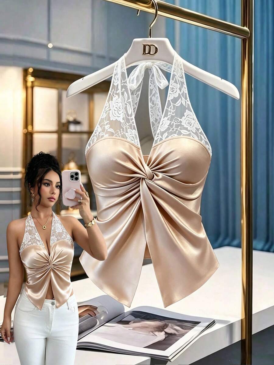 SHEIN Clasi Women's Fashion Halter Neck Tie Strap Open Shoulder Lace Patchwork Twisted Chest Design Elastic Slim Fit Glossy Tank Top, Summer Elegant Sexy White - Champagne - View 1
