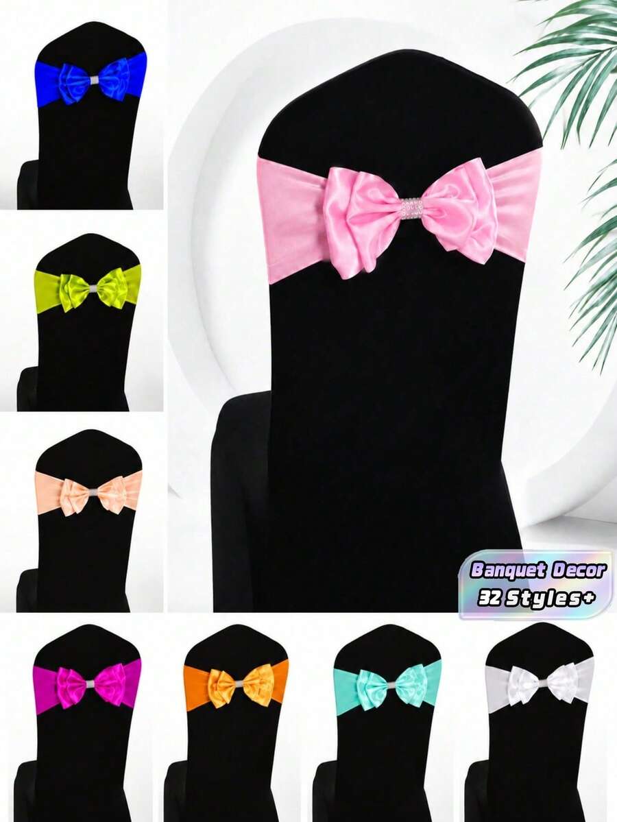5Pcs 25Pcs Satin Chair Sashes Bows With Rhinestone Buckle Adjustable Stretchy Chair Bands Ribbon For Wedding Birthday Party Banquet Hotel Christmas Decorations