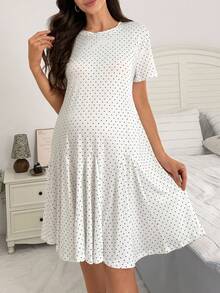Moonlight&Mama Women's Casual Black Small Polka Dot Print Mid-Length Short Sleeve Maternity Nightgown - White - View 6