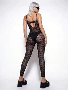 AltBold Glossy Patent Leather & Sheer Lace Splice Jumpsuit, Sexy & Slimming For Women - Black - View 2