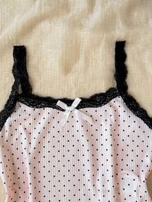 SHEIN Tween Girls Tween Girl Lace Patchwork Simple Fashion Polka Dot Versatile Comfortable Camisole & Shorts Set Loungewear - Pink - View 3
