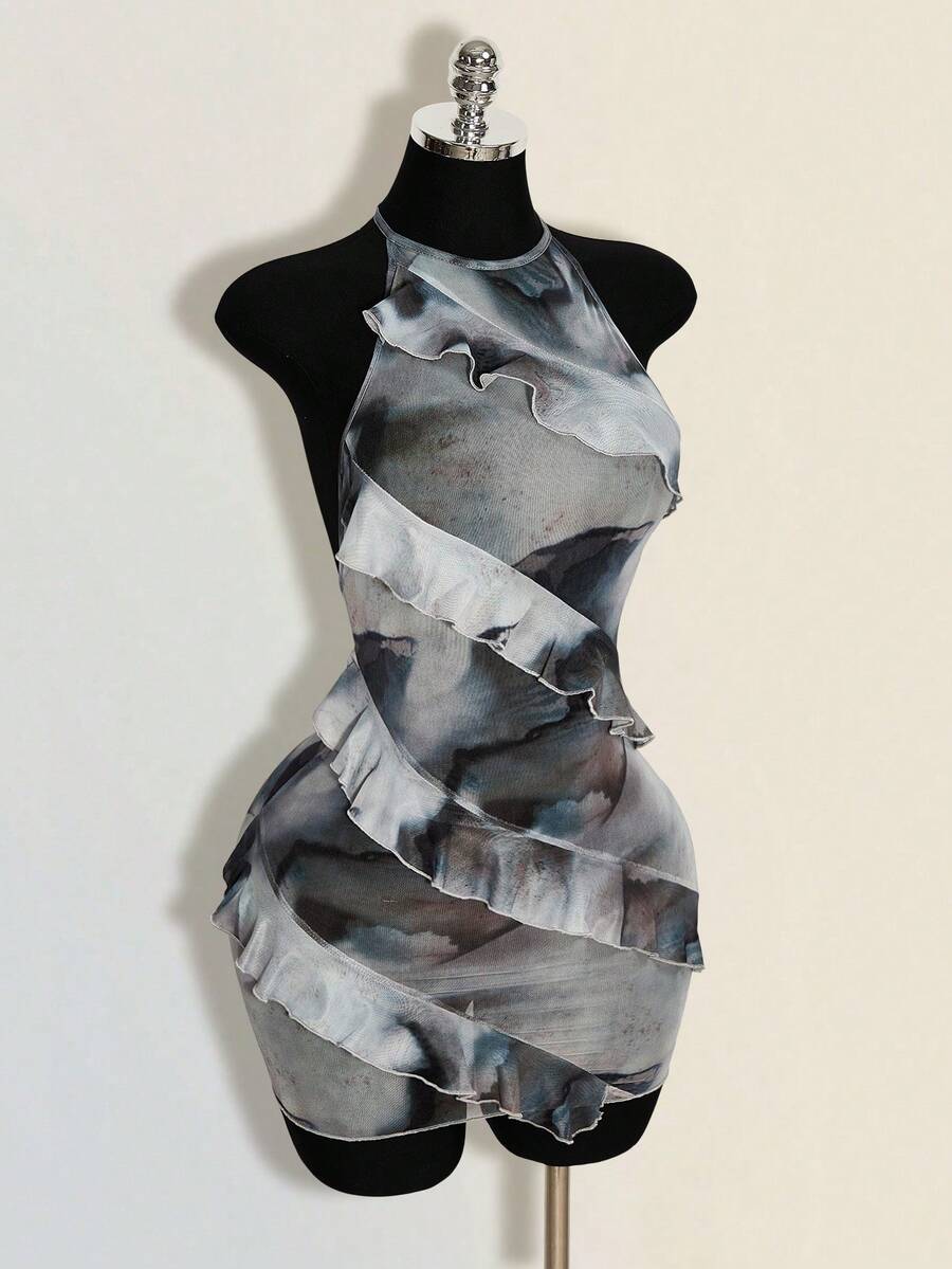 SHEIN ICON Rochie sexy pentru femei cu model tie-dye, guler halter și volan la tiv - Multicolor - Vizualizare 1
