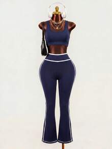 Mistrie Navy Blue Stripe Decor Sport Yoga Leggings Gym Summer - Navy Blue - View 3