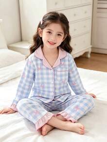 SHEIN 甜櫻桃與蝴蝶結印花長袖秋冬針織外套與長褲兩件套，小女孩休閒居家服，翻領格紋鈕扣舒適款 - 彩色 - 查看 4