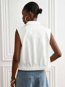 Livesso 夏秋款女款領口無袖鈕扣收腰短版純白色素色寬鬆牛仔外套，旅行休閒外穿 - 白色 - 查看 2