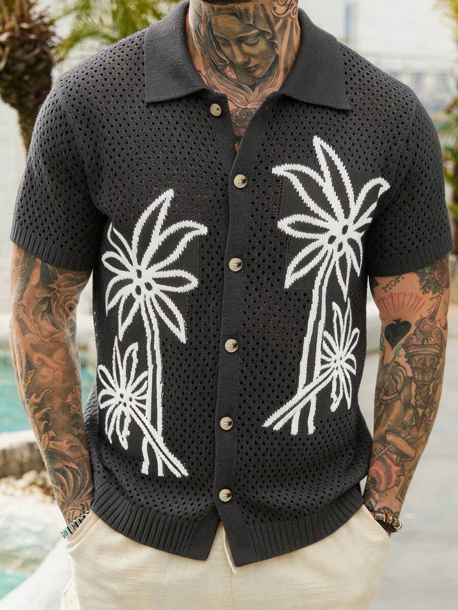 VENTUSAIL Top de punto casual versátil para uso diario con patrón de coco y abotonadura sencilla para hombres - Gris - Ver 1