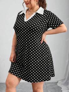 SHEIN CURVE+ 大尺碼拼色翻領短袖休閒1920年代風洋裝，度假款，2026秋冬 22W - 黑與白 - 查看 4