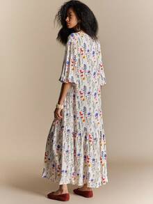 Écloséra French Country-Style Floral V-Neck Maxi Dress With A Drawstring Waist And Three-Quarter Lantern Sleeves-A Versatile, Casual Piece For Autumn Styling. - White - View 6