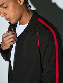 Modcrash Men's Casual Fashionable Loose Fit Jacket With Side Stripe Design, Comfortable Soft Breathable Stand Collar, Spring/Autumn - Black - View 6
