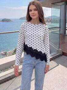 SHEIN Tween Girl Autumn Tops White And Black Polka Dot Print Contrast Lace Asymmetric Hem T-Shirt, Holiday Outfits, Casual Cute Elegant, Comfortable School - Black and White - View 4