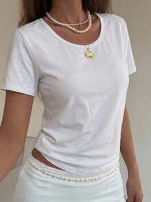 Livesso Women Summer Casual Basic Slightly Loose T-Shirt, Teacher - White - View 14