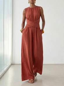 Zivah New Summer Hot-Selling Casual Commuter Vacation Linen Reddish-Brown Round Neck Sleeveless Cross Waist Belted Pleated Long Women Jumpsuit,Suitable For Everyday Wear, Going Out,Vacations, Travel, Beaches, Party, Airport Outfits, Brunch Outfits,Boho , Nomadic,Casual ,Shopping,Work Outfits For Women,Graduation Outifit,Country Concert Outfit,Back-To-School - Red - View 6