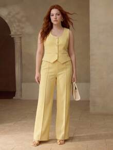 MOTF PREMIUM Gilet boutonné à fleurs texturées pour femmes grandes tailles - Jaune citron - Voir 3