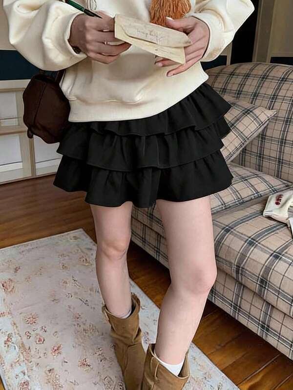 FRIFUL Women's Elastic Waist Layered Ruffle Short Slim Fit Flattering Versatile Skirt
