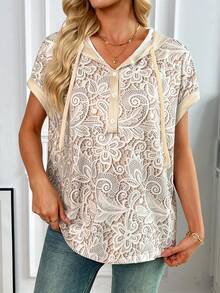 SHEIN LUNE Camiseta con capucha de verano casual para mujer con estampado de encaje falso - Albaricoque - Ver 5