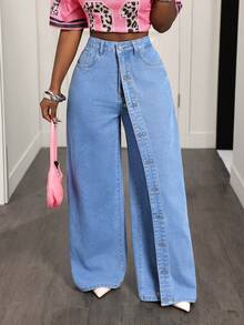 Slaydiva Celana Panjang Denim Biru Lebar Wanita Gaya Jalanan Luar Ruangan Kancing Depan Banyak Saku Modis - Medium Wash - View 8