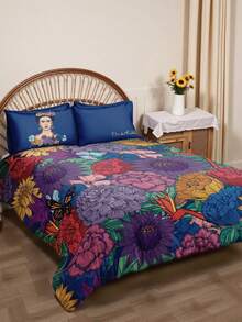 Frida Kahlo X SHEIN 3件組皇家藍花卉裝飾被套組，角色圖案，光滑、柔軟且保暖材質，多尺寸適用於單人床/雙人床/大床/特大床，禮物靈感，派對，節日，復古床上用品 - 寶蘭 - 查看 4