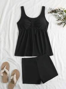 SHEIN Swim 女款黑色純色中腰泳褲與坦克比基尼兩件式套裝，夏季海灘度假極簡休閒日常分體泳衣 - 黑色 - 查看 4