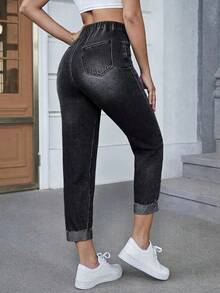 Selenza Celana Jeans Denim Panjang Selutut Kasual Serbaguna Ukuran Plus untuk Wanita dengan Kantong - Hitam - View 4