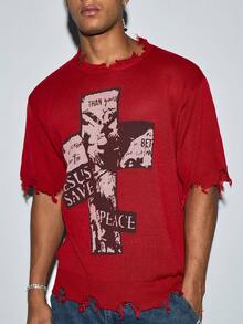 ANDREILEE Spring/Summer Unisex Cross & Letter Distressed Edge Streetwear Casual Daily Commute Versatile Round Neck Short Sleeve Loose T-Shirt Knit Top, Red Sweater - Red - View 6