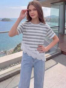 Elladie kids 青少年女孩條紋對比蕾絲不對稱下擺T恤 - 灰色 - 查看 4