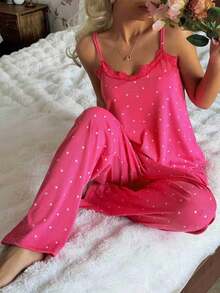 CottageSlumber Women's All-Season Knitted Ribbed Black Heart Print Sexy Camisole Pajama Set, Suitable For Outdoor Wear - Pink - View 5