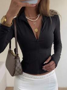 DAZY Ladies' Solid Color Simple Daily Zip-Up Jacket With Long Sleeves - Black - View 14
