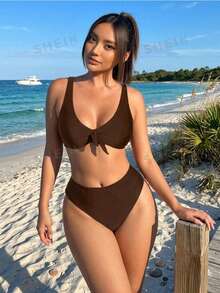Bloopia 女士纯色前系带时尚比基尼泳装套装 高腰比基尼套装 女士棕色泳装 女士度假装 女士比基尼套装 女士棕色两件式泳衣 - 咖啡棕 - 查看 3