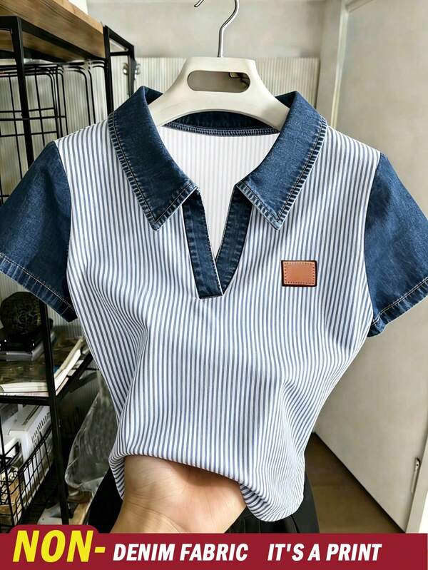Resyla Women Blue And White Striped Polo Collar Short-Sleeve Tops,Faux Denim Fashion T-Shirts,Summer Casual Back-To-School D School Item