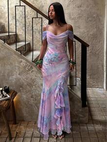 SHEIN BAE Spring/Summer Solid Light Pink Floral Gradient Print Women's Rhinestone Vintage Retro Elegant Romantic Maxi Dress Vacation - Pink - View 1