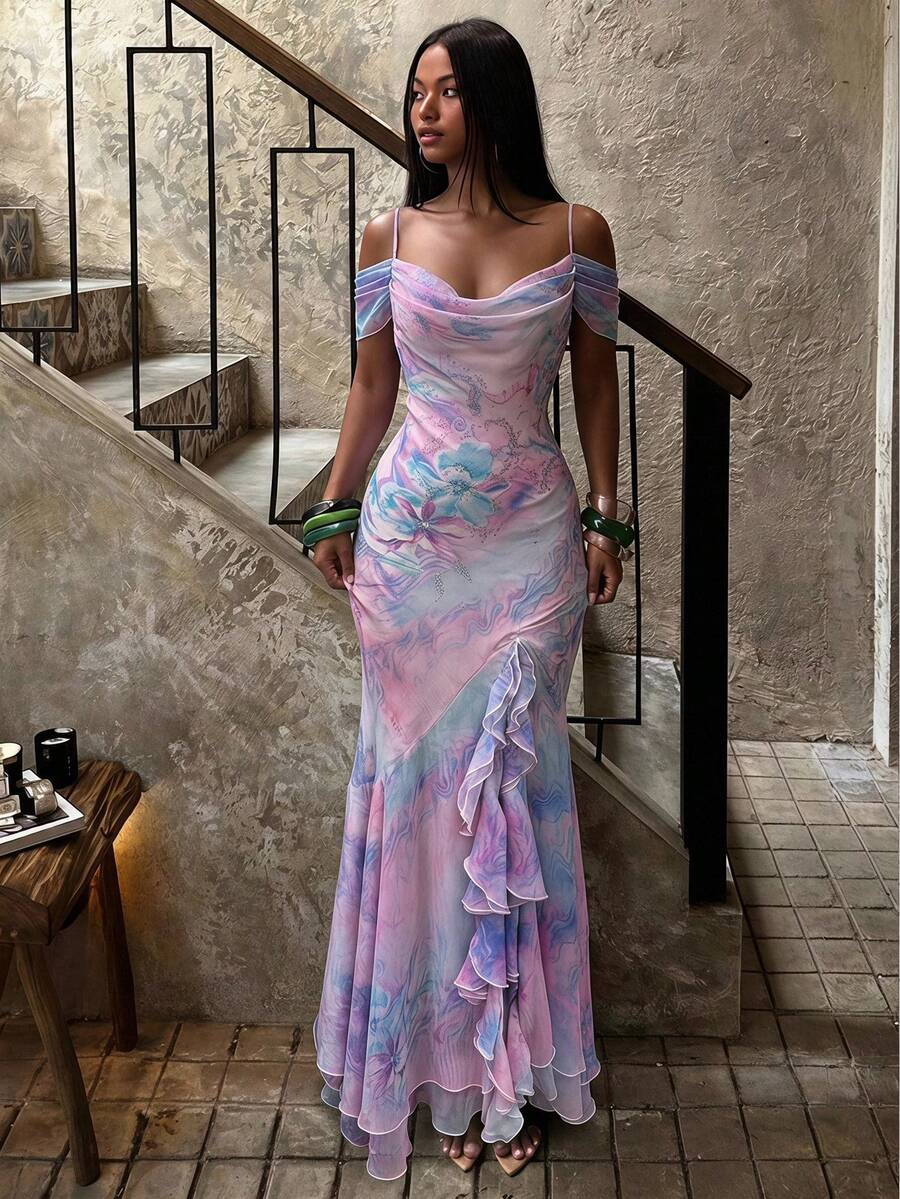SHEIN BAE Spring/Summer Solid Light Pink Floral Gradient Print Women's Rhinestone Vintage Retro Elegant Romantic Maxi Dress Vacation - Pink - View 1