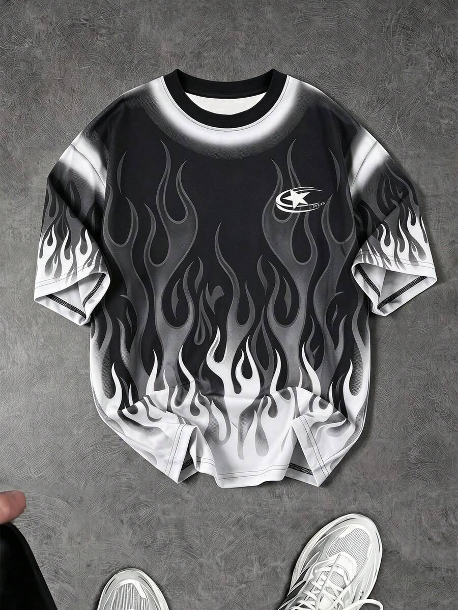 Sport MetroGents Kaos Olahraga Kasual Pria Kerah Bulat Motif Api untuk Sehari-hari - Hitam - View 1