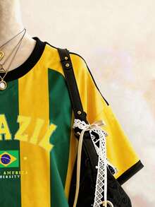 INAWLY Brazilian Vertical Stripe Digital Print Casual Oversized Mid-Length Round Neck Drop Shoulder Women T-Shirt, Gift For Friends - Multicolor - View 3