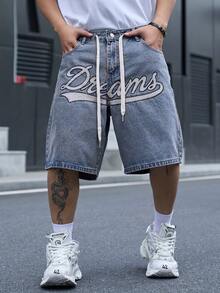 Manfinity EMRG Celana Pendek Denim Biru Bordir Kasual Streetwear Pria - Medium Wash - View 3
