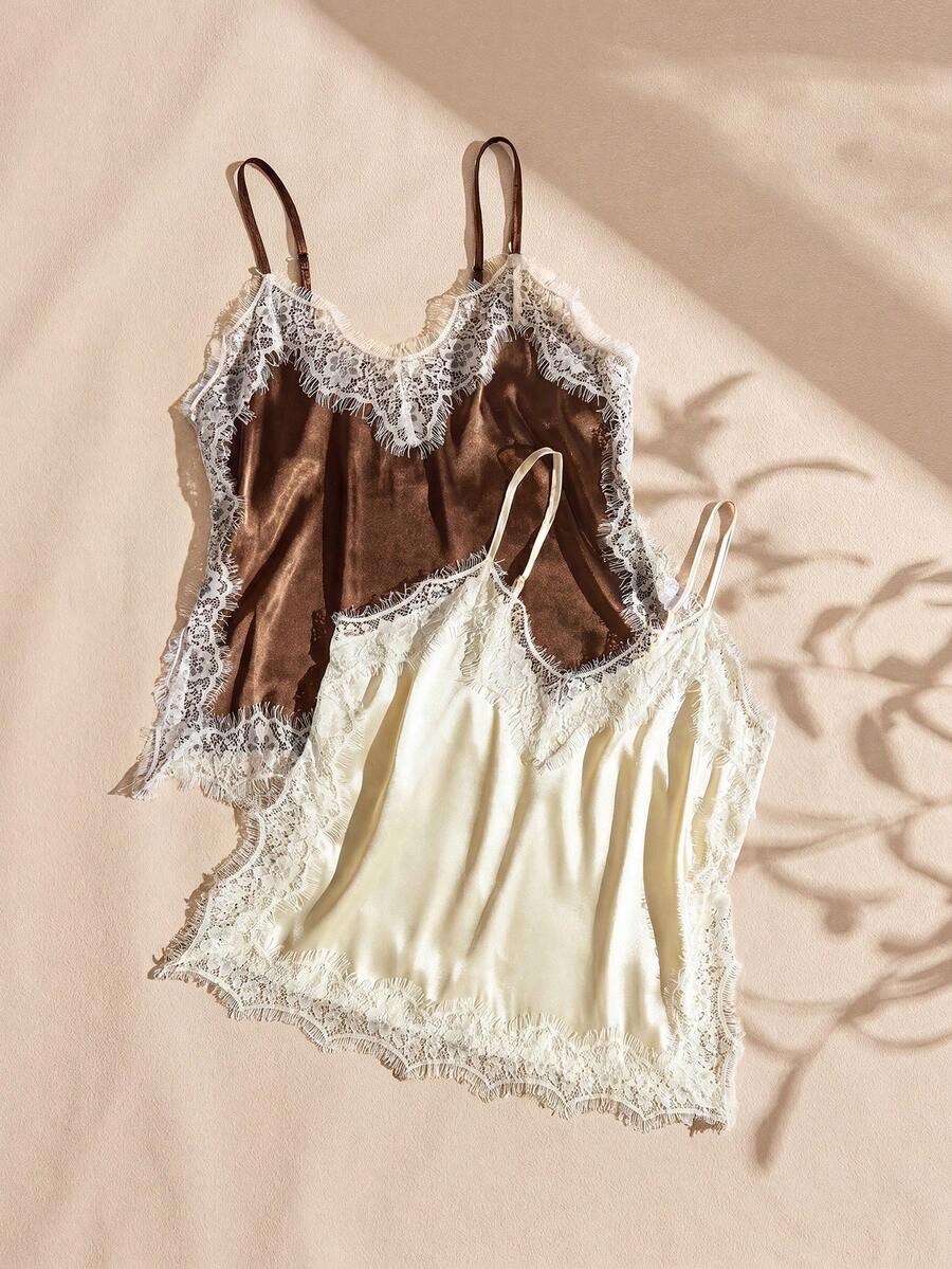 Lullawish Bohemian Boho Style, Lace Splice Satin Women's Pajama Top 2 Pieces Set - Multicolor - View 1