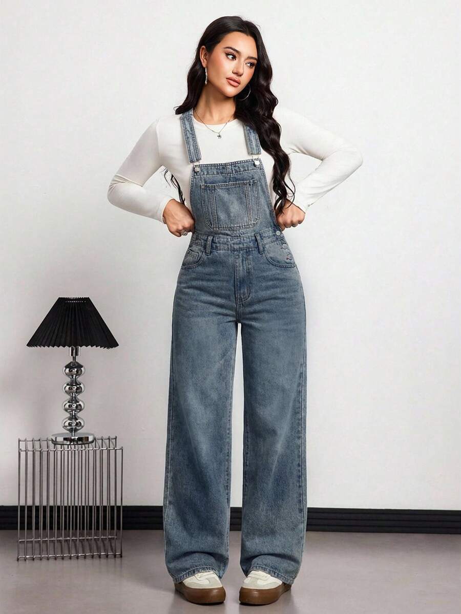 SHEIN ICON 女士纽扣装饰口袋休闲牛仔连体裤 - 藍色 - 查看 1