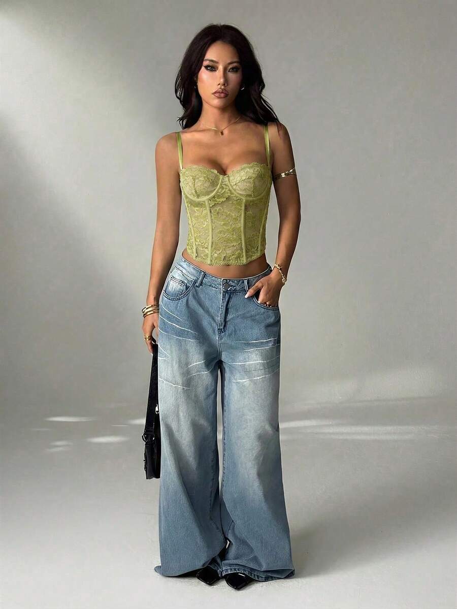 SHEIN PETITE 橄欖綠蕾絲透視細肩帶背心上衣,70年代夏季派對迪斯可夜店風,可愛內衣式上衣,無肩帶束胸上衣,女款夏季上衣,適合嬌小女性 - 薄荷綠 - 查看 1