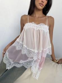 Aloruh 女款夏季優雅撞色蕾絲細肩帶背心 - 棕色 - 查看 6
