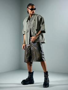 ROMWE MEN Grunge Punk Men's Summer Casual Structured Short Sleeve Denim Shirt - Blue - View 8