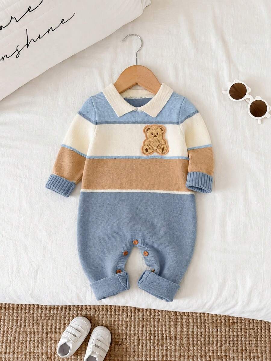 SHEIN 新生男童/女童可爱拼色卡通图案高领长袖连体衣,秋冬 - 彩色 - 查看 1
