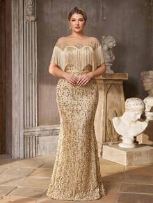 Serin Plus Size Elegant Romantic Champagne Gold Boat Neck Drop Shoulder Luxury Beaded Embroidery Mesh Tassel Mermaid Hem Dress, Wedding Party Celebration - Champagne - View 6