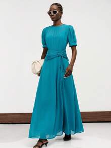 Aveloria Modichic French Elegant Women's Vacation Chiffon Dress With Pleated Chest, Exquisite Pleated Waist And Drawstring Design, Slimming Short Sleeve Long Dress, Ruched Round Neck, Tie Waist, High Waist, Fitted A-Line Silhouette, Patchwork Design, Blue-Green Lake Blue Solid Color, Lightweight Soft Draping, Summer Commute Casual Travel Vacation Wedding Mother's Day Graduation Holiday Outfit, Romantic Summer Style - Blue - View 4
