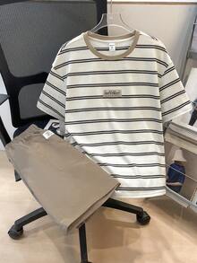 2pcs/Set Tween Boys Casual Comfortable Versatile Striped Print T-Shirt And Solid Color Shorts Set,Kids - Apricot - View 4