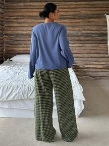 Dazy Plus Cute Pattern Print Long Pants Set Plaid Pants Plus Size Women Spring Summer Pajama Set - Blue - View 5
