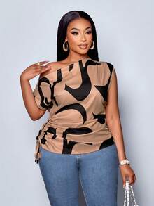 SOLERSUN Women's Plus Size Geometric Printed Asymmetrical Shoulder Drawstring Ruched Side Blouse, Random Print,One Shoulder Top - Khaki - View 7