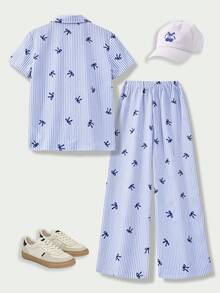 SHEIN Casuvi Kids 女童 2 件套休閒街頭風，適合度假、外出、上學，Ins 網紅風條紋蝴蝶結印花開襟短袖襯衫搭配直筒長褲，梭織克ريب數位印花工藝，適合春夏日常休閒穿著 - 藍色 - 查看 3