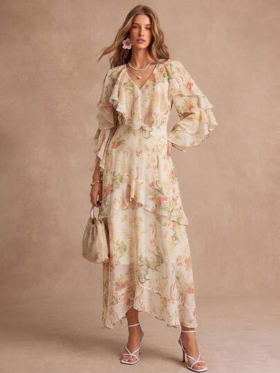 Enchnt Women's Elegant Floral Print Ruffle Hem Dress