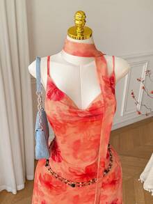CovetEZ Plus Size Women's Elegant Floral Print Cowl Neck Spaghetti Strap Dress - Orange - View 4